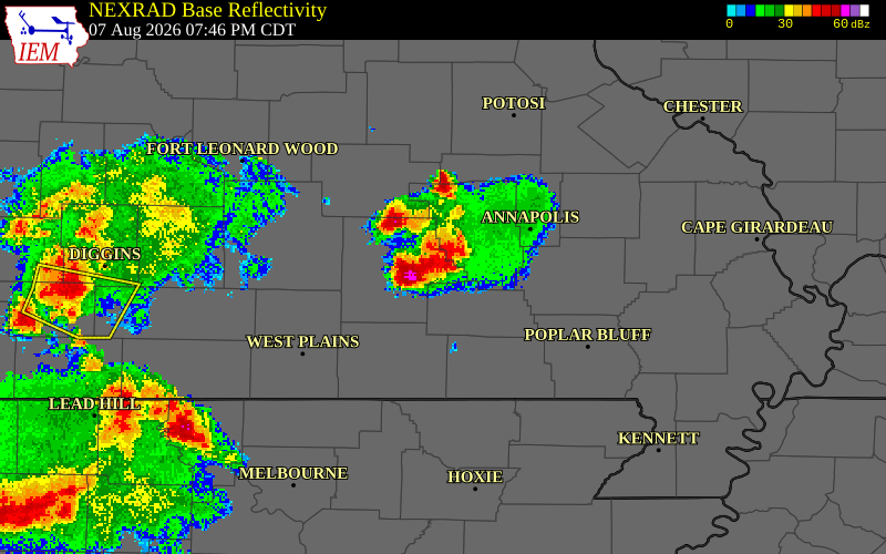 NEXRAD radar during the Friday, August 7, 2026 storm activity in Shannon County, Missouri