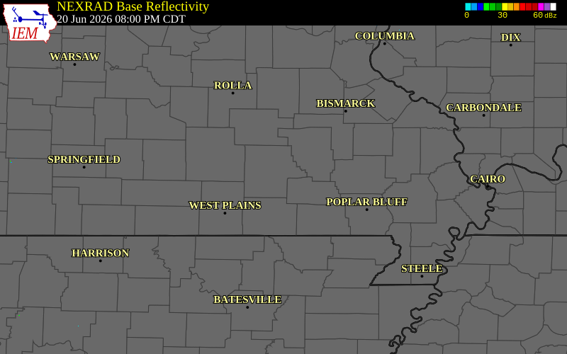 Radar snapshot during the Jun 20, 2026 tornado event near 6 ESE Eminence, Shannon County, Missouri, with NWS warning polygons