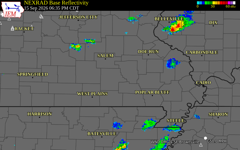 Current NEXRAD radar over Shannon County, Missouri with recent storm report locations