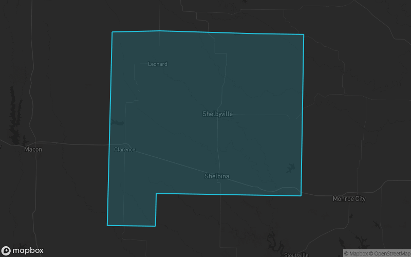 Map of Shelby County, Missouri showing the county boundary and surrounding cities
