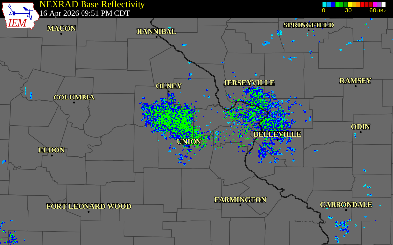 NEXRAD radar during the Thursday, April 16, 2026 storm activity in St. Charles County, Missouri