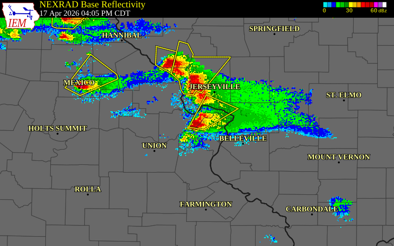 NEXRAD radar during the Friday, April 17, 2026 storm activity in St. Charles County, Missouri