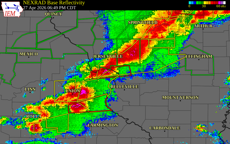 NEXRAD radar during the Monday, April 27, 2026 storm activity in St. Charles County, Missouri