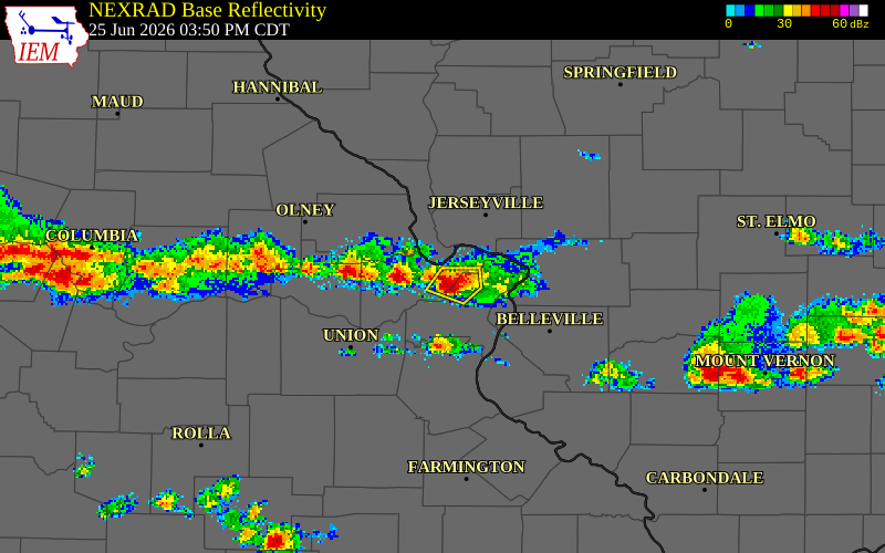 NEXRAD radar during the Thursday, June 25, 2026 storm activity in St. Charles County, Missouri