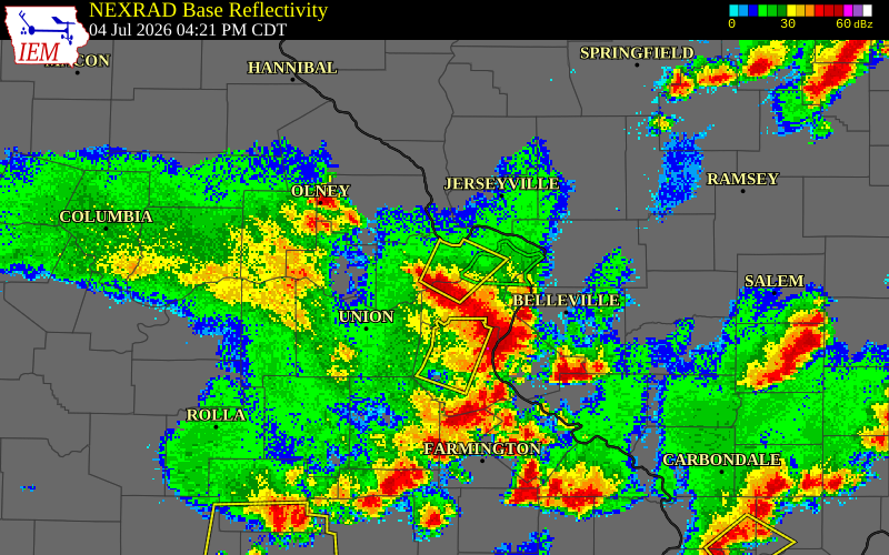 NEXRAD radar during the Saturday, July 4, 2026 storm activity in St. Charles County, Missouri
