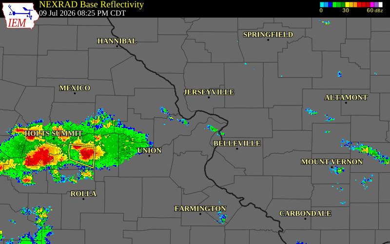 NEXRAD radar during the Thursday, July 9, 2026 storm activity in St. Charles County, Missouri