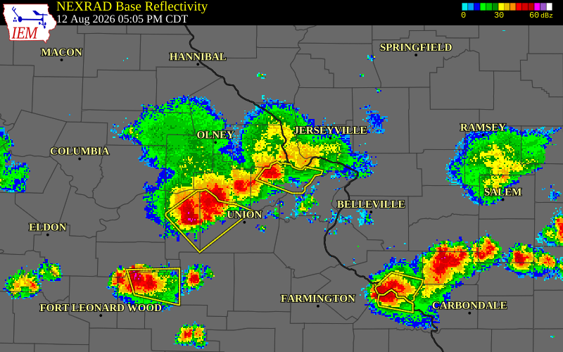 NEXRAD radar during the Wednesday, August 12, 2026 storm activity in St. Charles County, Missouri