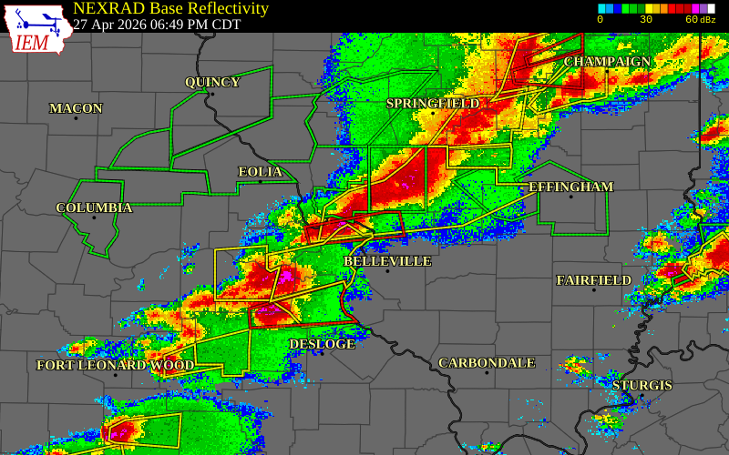Radar snapshot during the Apr 27, 2026 tornado event near 2 NE West Alton, St. Charles County, Missouri, with NWS warning polygons