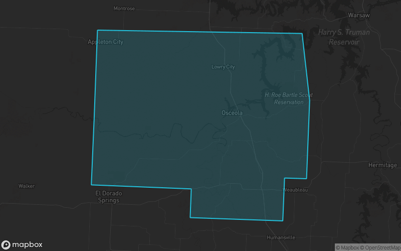 Map of St. Clair County, Missouri showing the county boundary and surrounding cities