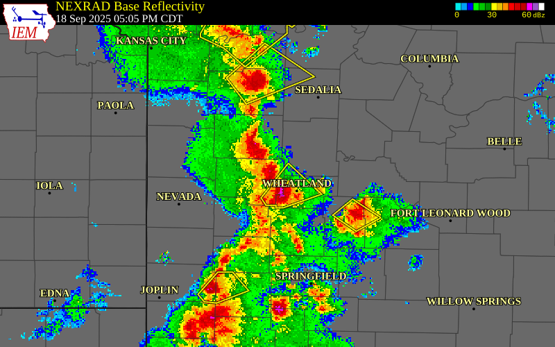 NEXRAD radar during the Thursday, September 18, 2025 storm activity in St. Clair County, Missouri