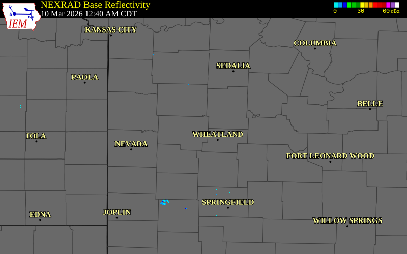 NEXRAD radar during the Tuesday, March 10, 2026 storm activity in St. Clair County, Missouri