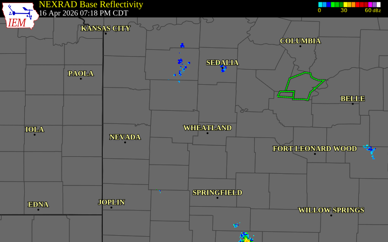 NEXRAD radar during the Thursday, April 16, 2026 storm activity in St. Clair County, Missouri