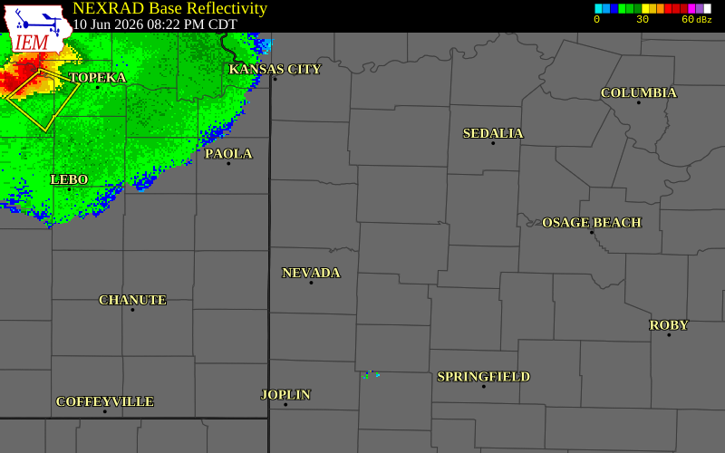 NEXRAD radar during the Wednesday, June 10, 2026 storm activity in St. Clair County, Missouri