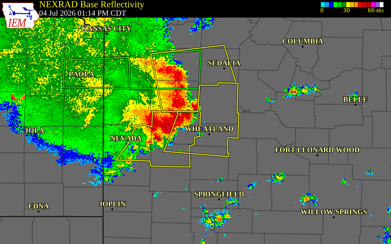 NEXRAD radar during the Saturday, July 4, 2026 storm activity in St. Clair County, Missouri