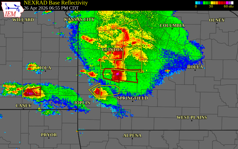 Radar snapshot during the Apr 26, 2026 hail event near 3 S Collins, St. Clair County, Missouri, with NWS warning polygons