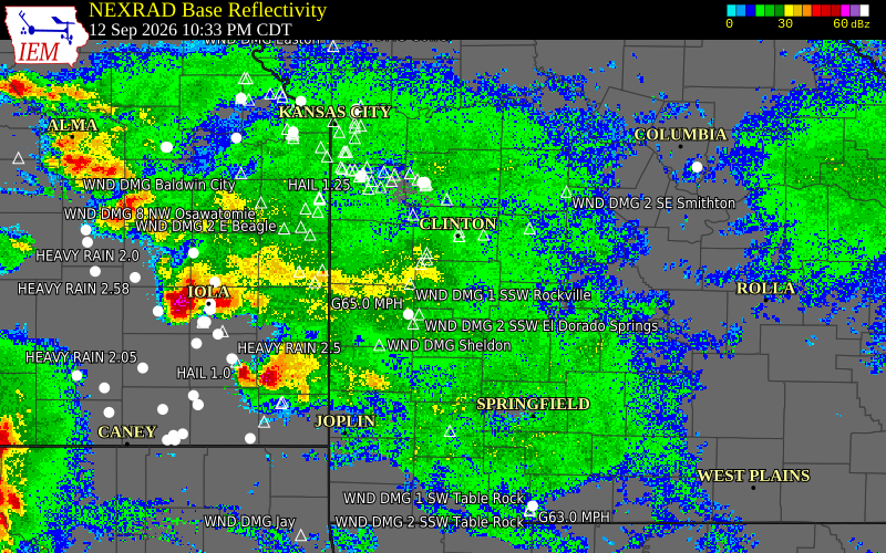Current NEXRAD radar over St. Clair County, Missouri with recent storm report locations