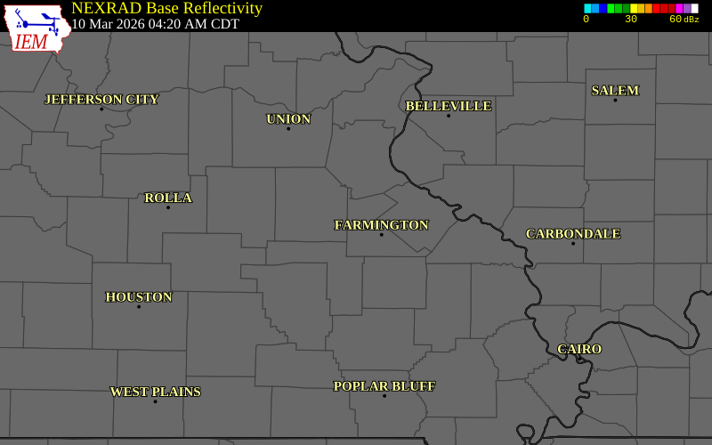 NEXRAD radar during the Tuesday, March 10, 2026 storm activity in St. Francois County, Missouri