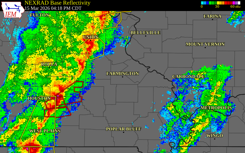 NEXRAD radar during the Sunday, March 15, 2026 storm activity in St. Francois County, Missouri