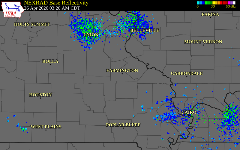 NEXRAD radar during the Sunday, April 26, 2026 storm activity in St. Francois County, Missouri