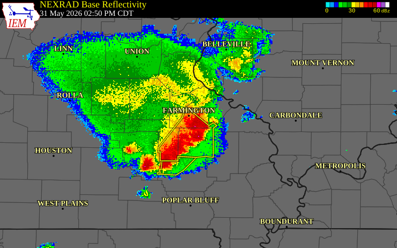 NEXRAD radar during the Sunday, May 31, 2026 storm activity in St. Francois County, Missouri