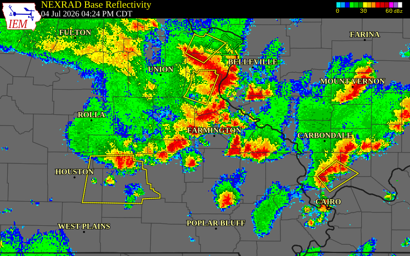 NEXRAD radar during the Saturday, July 4, 2026 storm activity in St. Francois County, Missouri