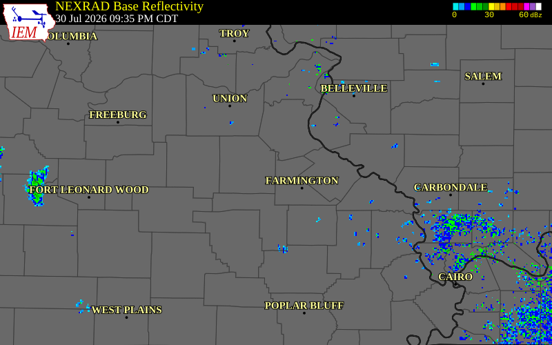 NEXRAD radar during the Thursday, July 30, 2026 storm activity in St. Francois County, Missouri