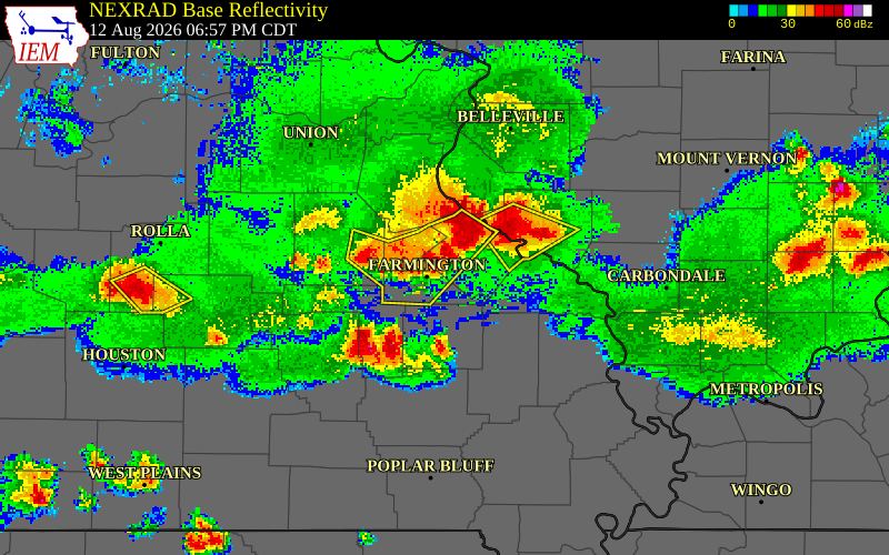 NEXRAD radar during the Wednesday, August 12, 2026 storm activity in St. Francois County, Missouri