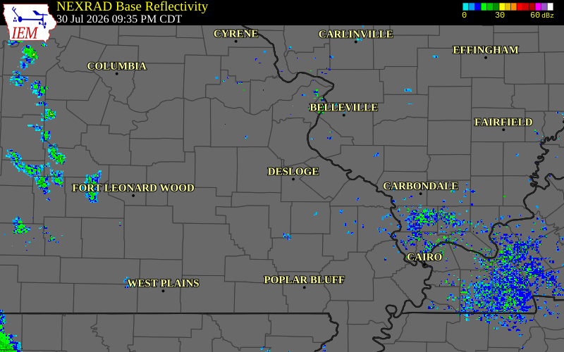 Radar snapshot during the Jul 30, 2026 tornado event near 4 NNW Frankclay, St. Francois County, Missouri, with NWS warning polygons
