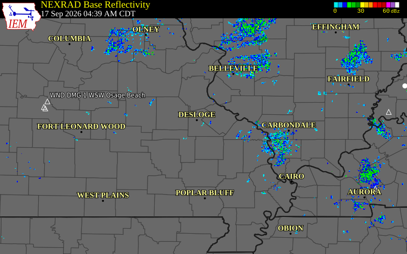 Current NEXRAD radar over St. Francois County, Missouri with recent storm report locations