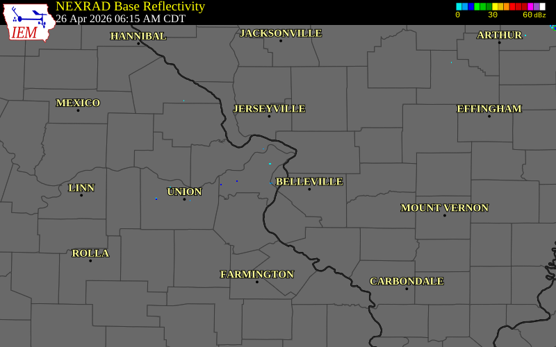 NEXRAD radar during the Sunday, April 26, 2026 storm activity in St. Louis City County, Missouri