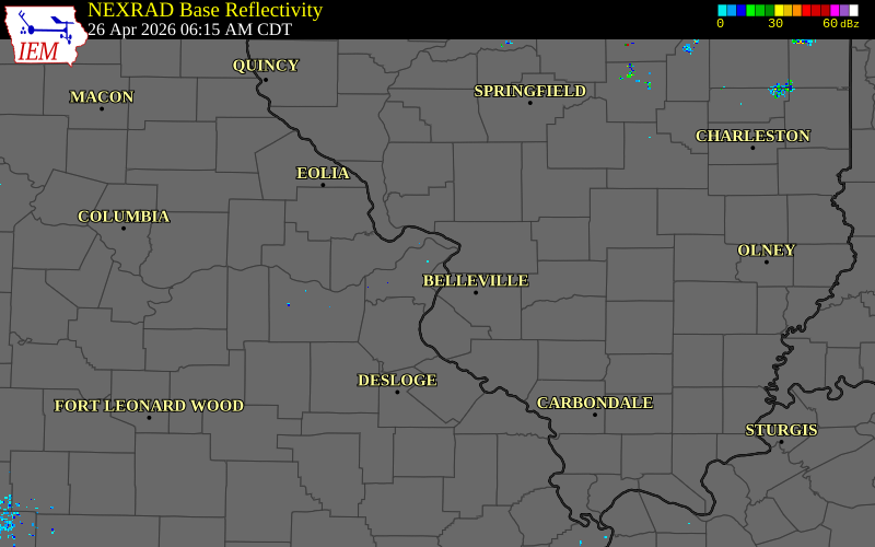 Radar snapshot during the Apr 26, 2026 hail event near 2 NNW Saint Louis, St. Louis City County, Missouri, with NWS warning polygons