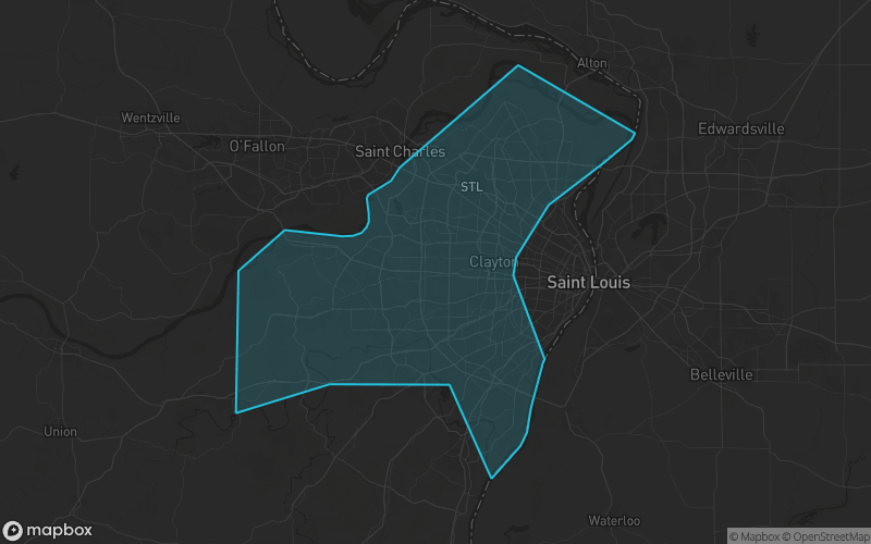 Map of St. Louis County, Missouri showing the county boundary and surrounding cities