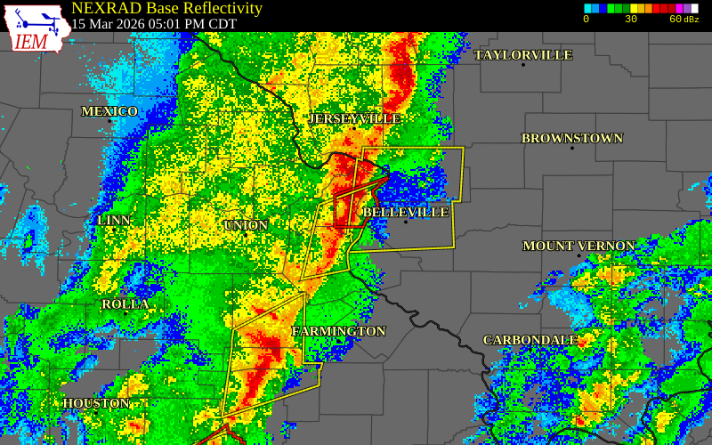 NEXRAD radar during the Sunday, March 15, 2026 storm activity in St. Louis County, Missouri