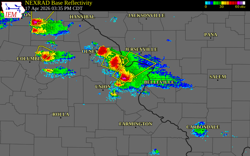 NEXRAD radar during the Friday, April 17, 2026 storm activity in St. Louis County, Missouri