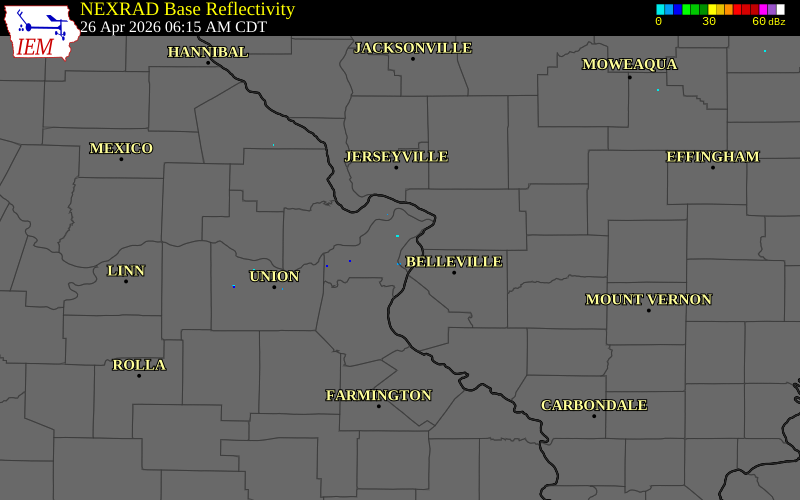 NEXRAD radar during the Sunday, April 26, 2026 storm activity in St. Louis County, Missouri