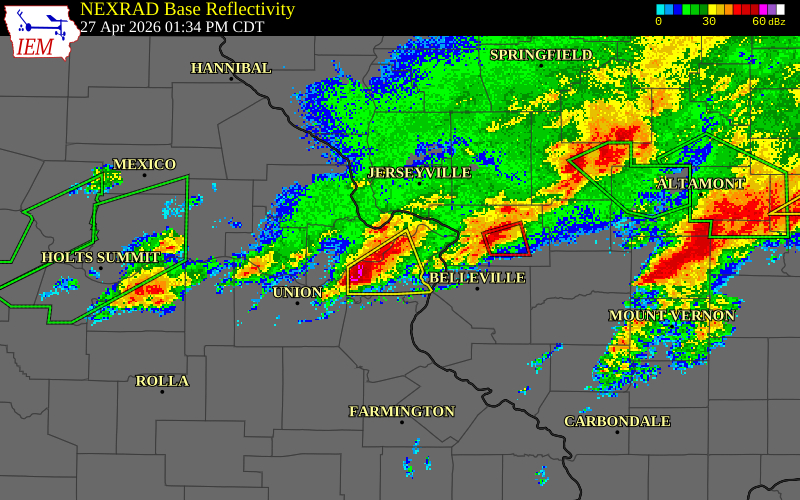 NEXRAD radar during the Monday, April 27, 2026 storm activity in St. Louis County, Missouri