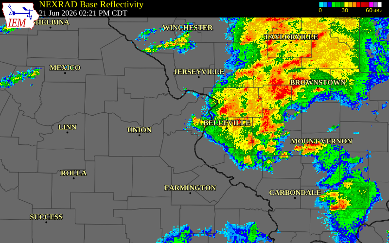 NEXRAD radar during the Sunday, June 21, 2026 storm activity in St. Louis County, Missouri