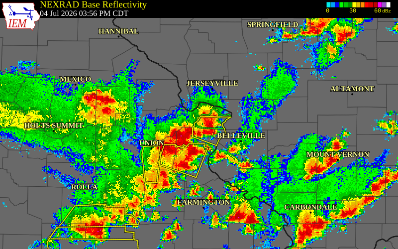 NEXRAD radar during the Saturday, July 4, 2026 storm activity in St. Louis County, Missouri