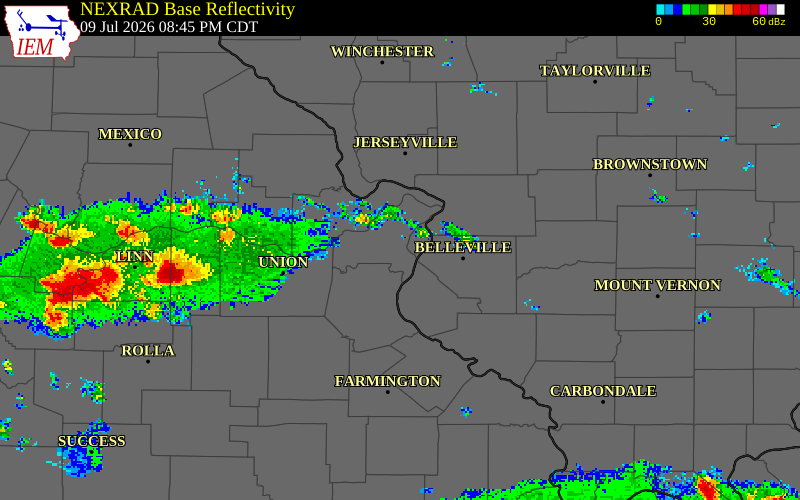 NEXRAD radar during the Thursday, July 9, 2026 storm activity in St. Louis County, Missouri