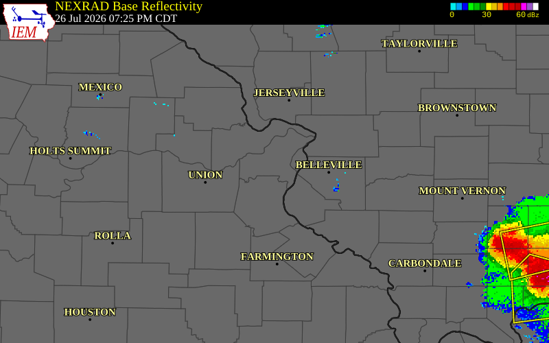NEXRAD radar during the Sunday, July 26, 2026 storm activity in St. Louis County, Missouri