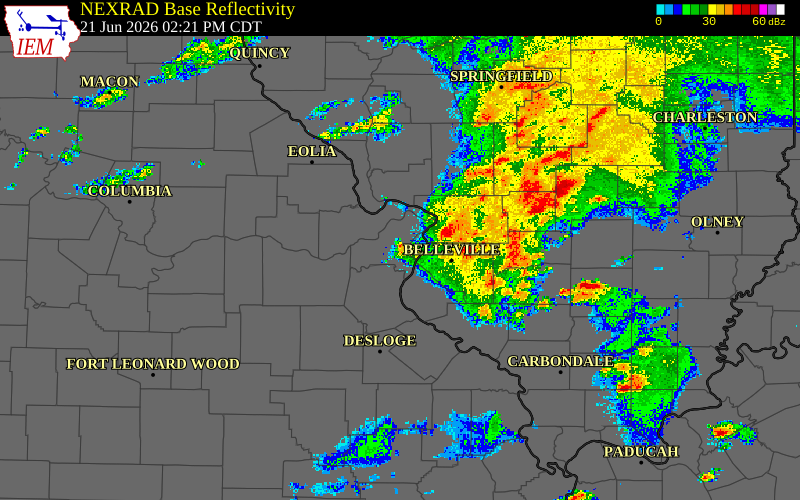 Radar snapshot during the Jun 21, 2026 tornado event near Warson Woods, St. Louis County, Missouri, with NWS warning polygons