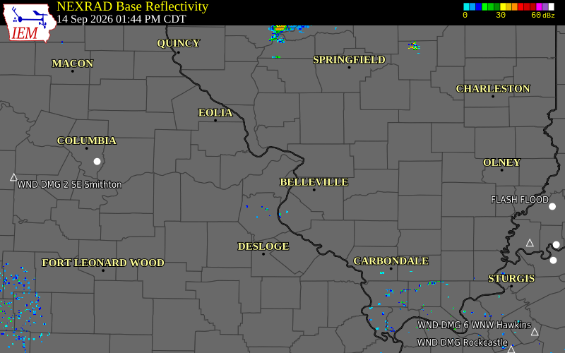 Current NEXRAD radar over St. Louis County, Missouri with recent storm report locations