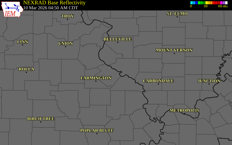 NEXRAD radar during the Tuesday, March 10, 2026 storm activity in Ste. Genevieve County, Missouri