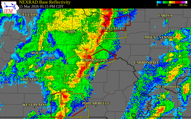 NEXRAD radar during the Sunday, March 15, 2026 storm activity in Ste. Genevieve County, Missouri