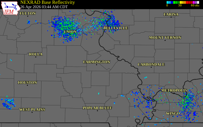 NEXRAD radar during the Sunday, April 26, 2026 storm activity in Ste. Genevieve County, Missouri
