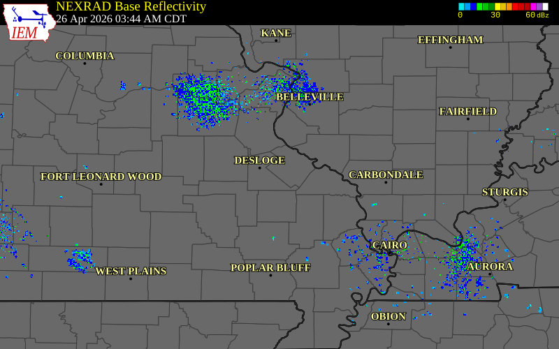 Radar snapshot during the Apr 26, 2026 hail event near 6 E Farmington, Ste. Genevieve County, Missouri, with NWS warning polygons