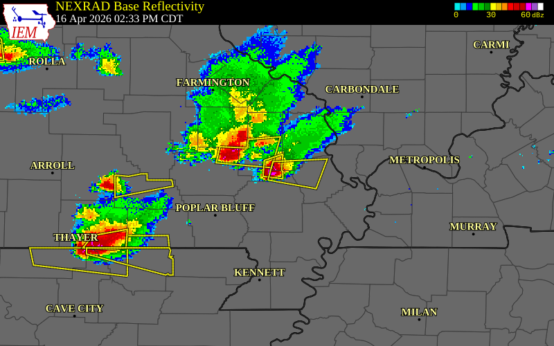 NEXRAD radar during the Thursday, April 16, 2026 storm activity in Stoddard County, Missouri