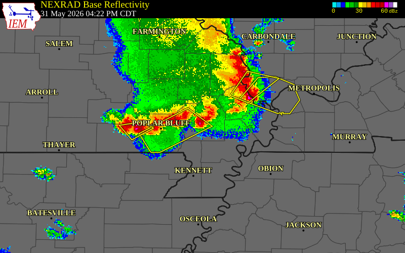 NEXRAD radar during the Sunday, May 31, 2026 storm activity in Stoddard County, Missouri