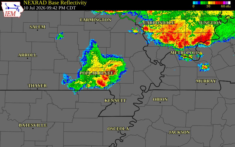 NEXRAD radar during the Friday, July 10, 2026 storm activity in Stoddard County, Missouri