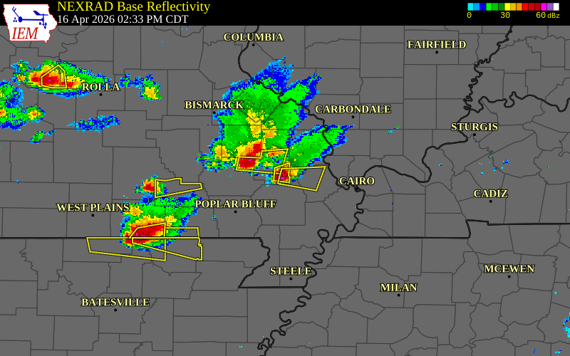 Radar snapshot during the Apr 16, 2026 hail event near Advance, Stoddard County, Missouri, with NWS warning polygons